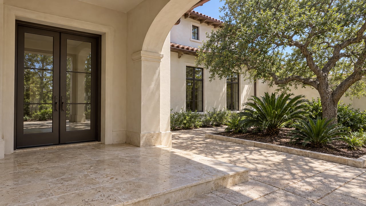 Cream stucco residential loggia with glazed bronze entry doors, shell-limestone paving and a sunlit forecourt planted with a sand live oak and coonties.
