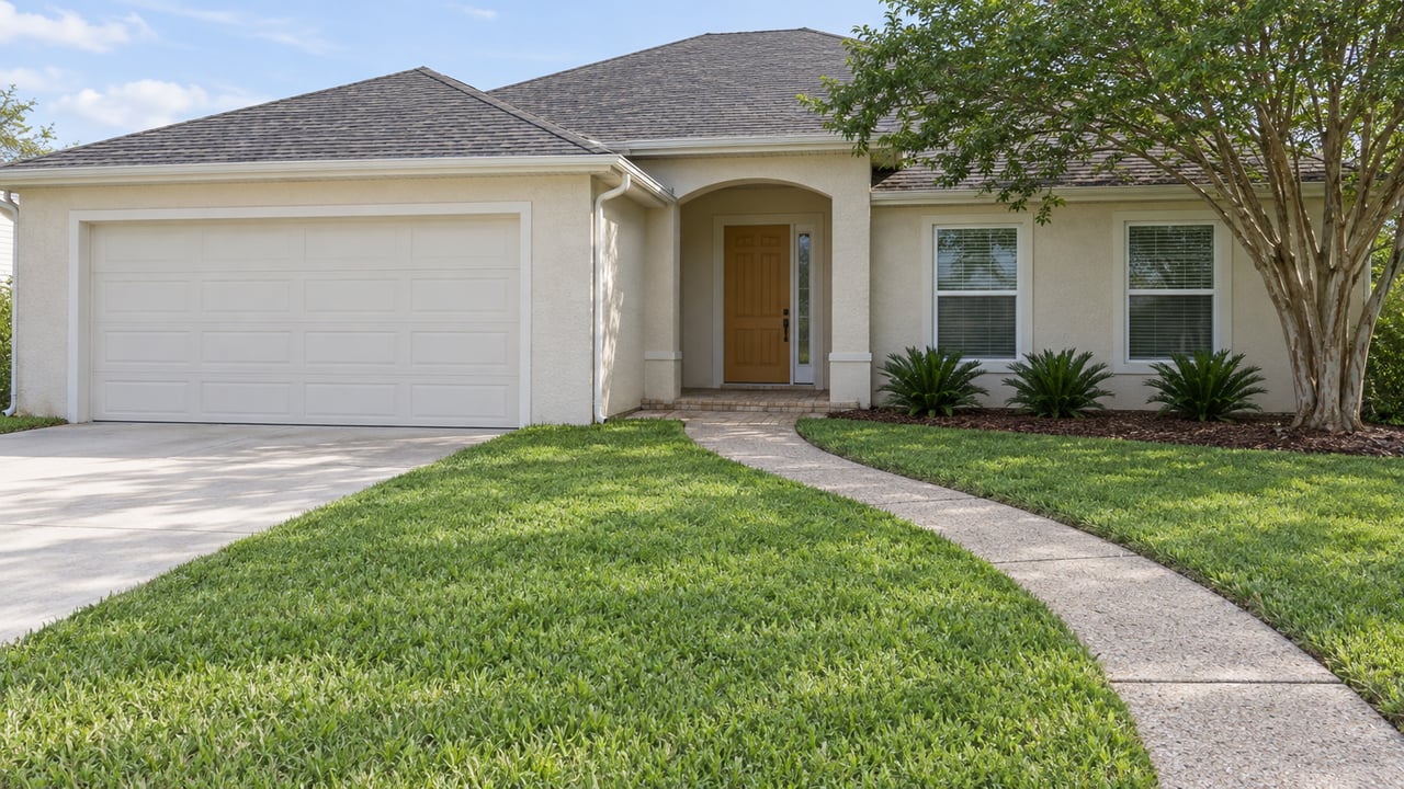 Sunlit cream stucco home with a recessed arched entry, two-car garage, deep lawn and a sculptural flowering-tree canopy beside the windows.