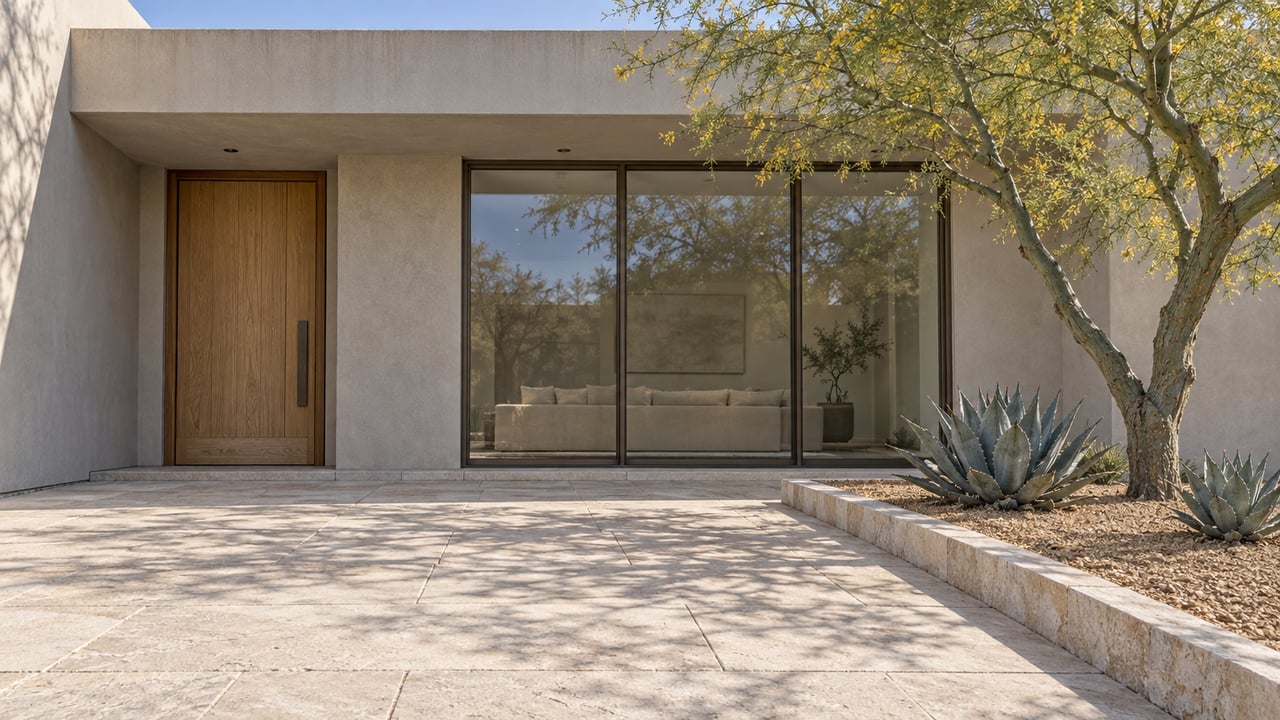 Contemporary plaster home with an oak entry door, shaded glass panels and a limestone approach beside a blue-green branching tree and two agaves.