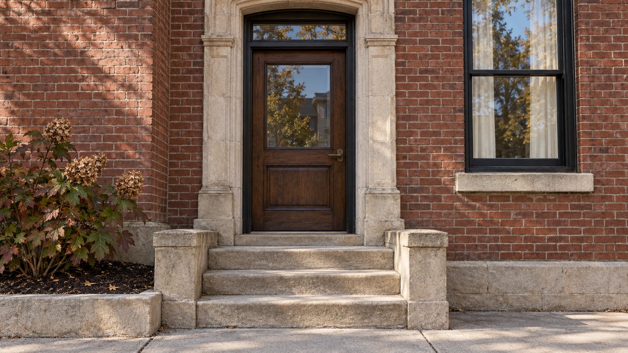Red brick townhouse entrance with a dark oak door, worn limestone steps and autumn oakleaf hydrangea.
