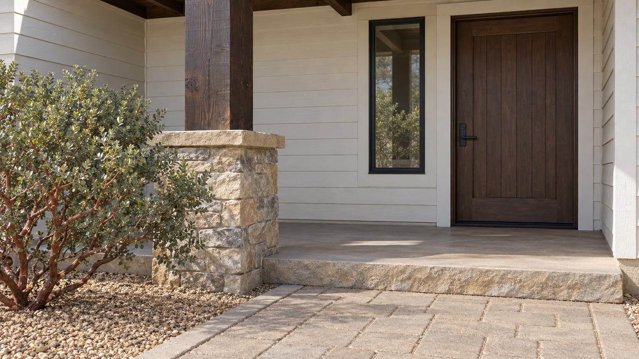 Close view of a covered home entrance with dark timber, buff stone, off-white siding and a paver walk beside a red-branched manzanita.