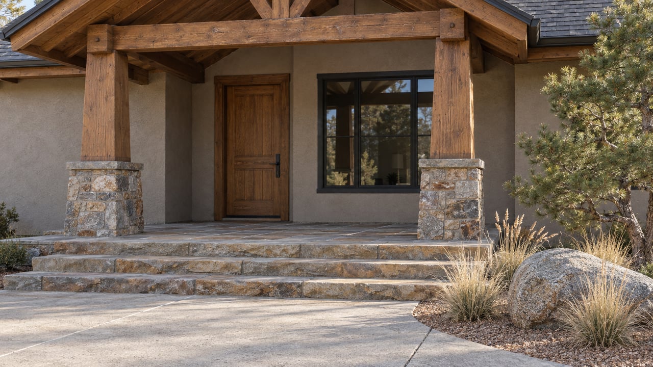Timber-framed covered porch with taupe stucco, stone post bases, broad sandstone steps and a sculptural pinyon pine.