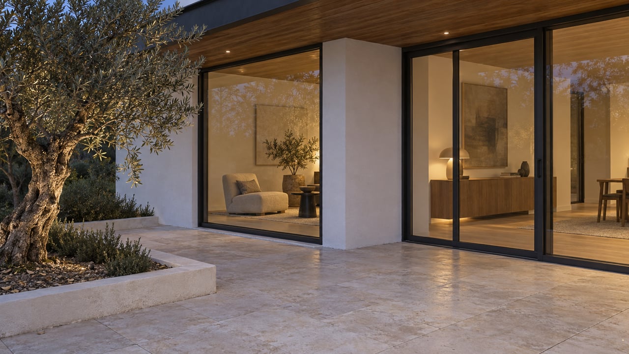 Glazed corner of a white-plaster home, warmly lit inside beside a limestone terrace and olive tree.