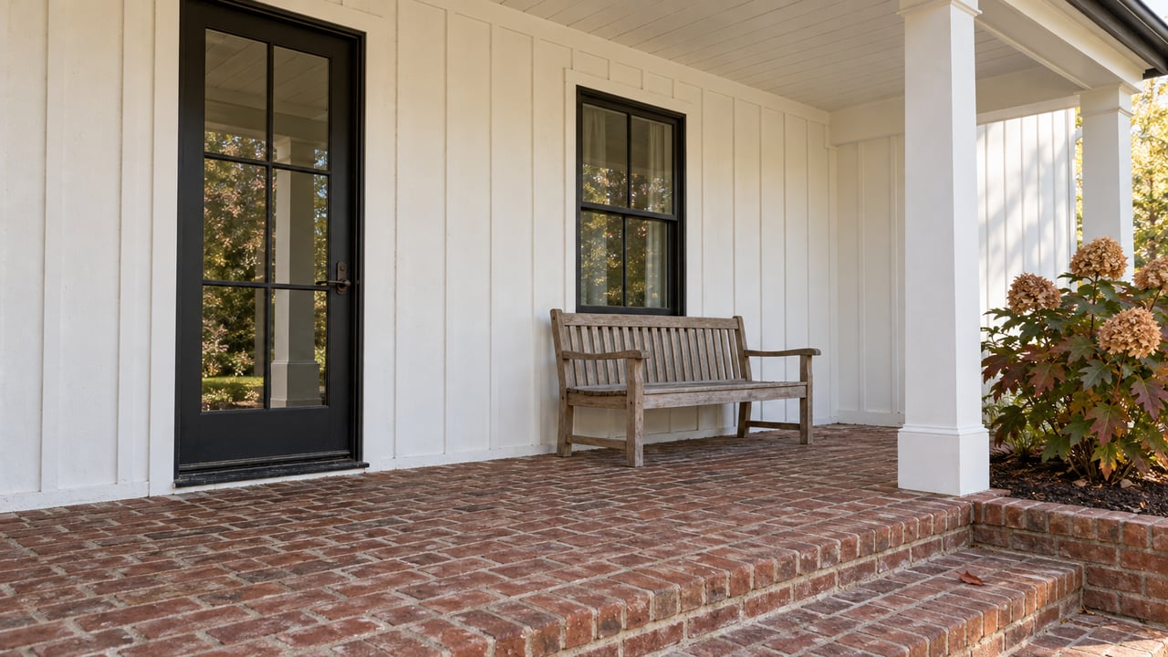 Morning light crosses a brick porch beside a white board-and-batten facade, black-framed entry and weathered oak bench.