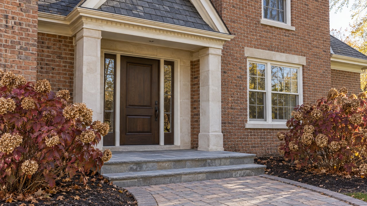 Brick home entrance with a walnut door, paired sidelights, bluestone steps and burgundy oakleaf hydrangeas.