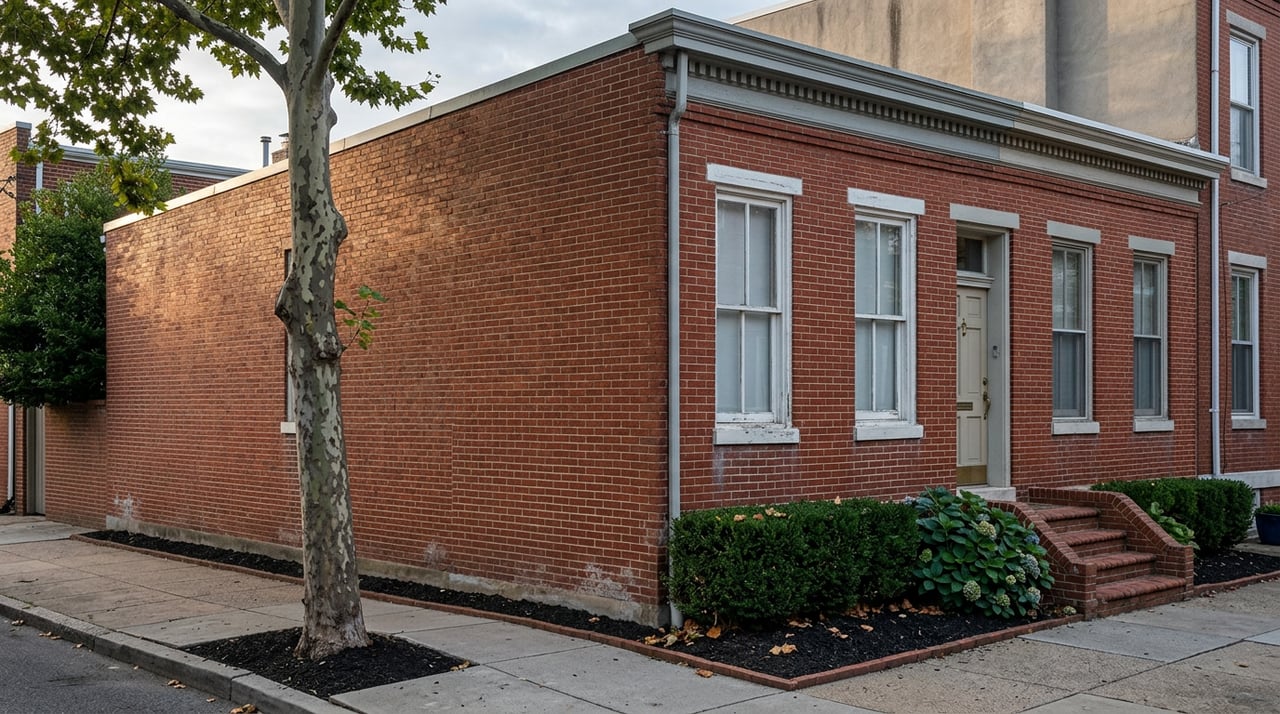 Two-story red-brick duplex with a raised entry stoop, tall windows, and a sycamore tree beside the sidewalk.