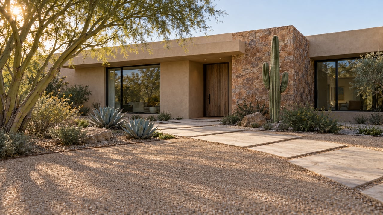 Single-story stucco home with a stone volume, recessed wood entry, broad gravel forecourt, and desert plants.