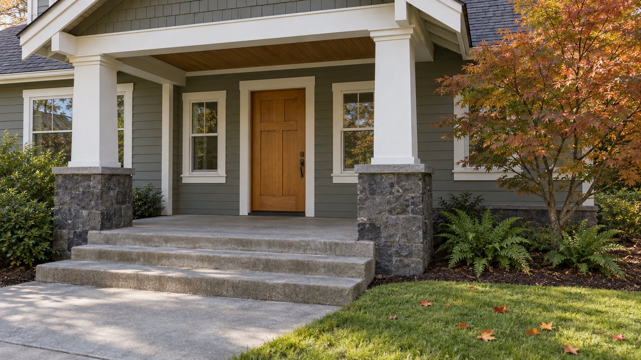 Gabled covered entry with white columns on basalt piers, gray-green cedar siding, broad concrete steps and a copper-leaved Japanese maple.