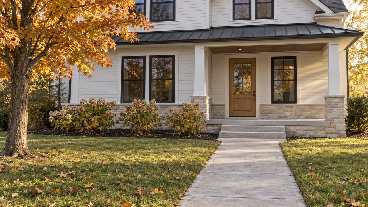 An autumn front lawn and concrete walk lead to a warm-white house with a limestone porch base, oak entry door and amber sugar maple.