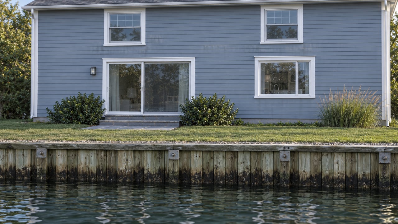 Clapboard house with a glazed sliding door overlooks a lawn, timber bulkhead, and rippled water.