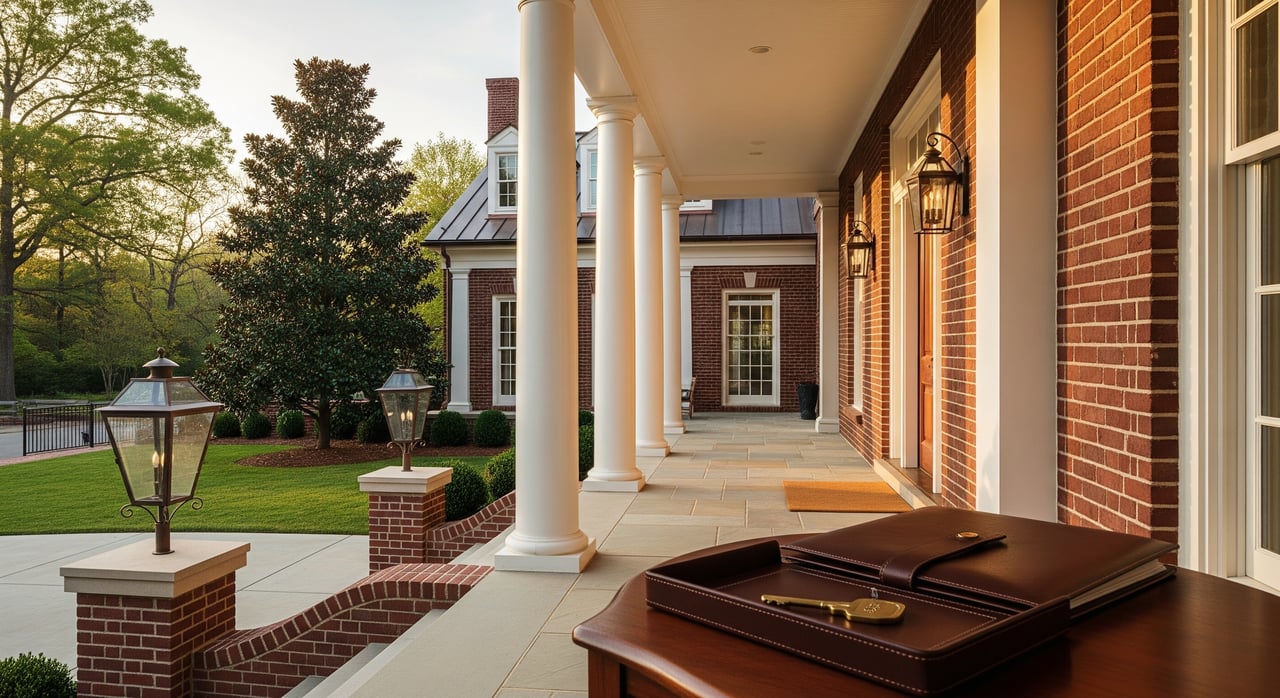 Leather portfolio on a table beside the white columns of a red-brick porch.