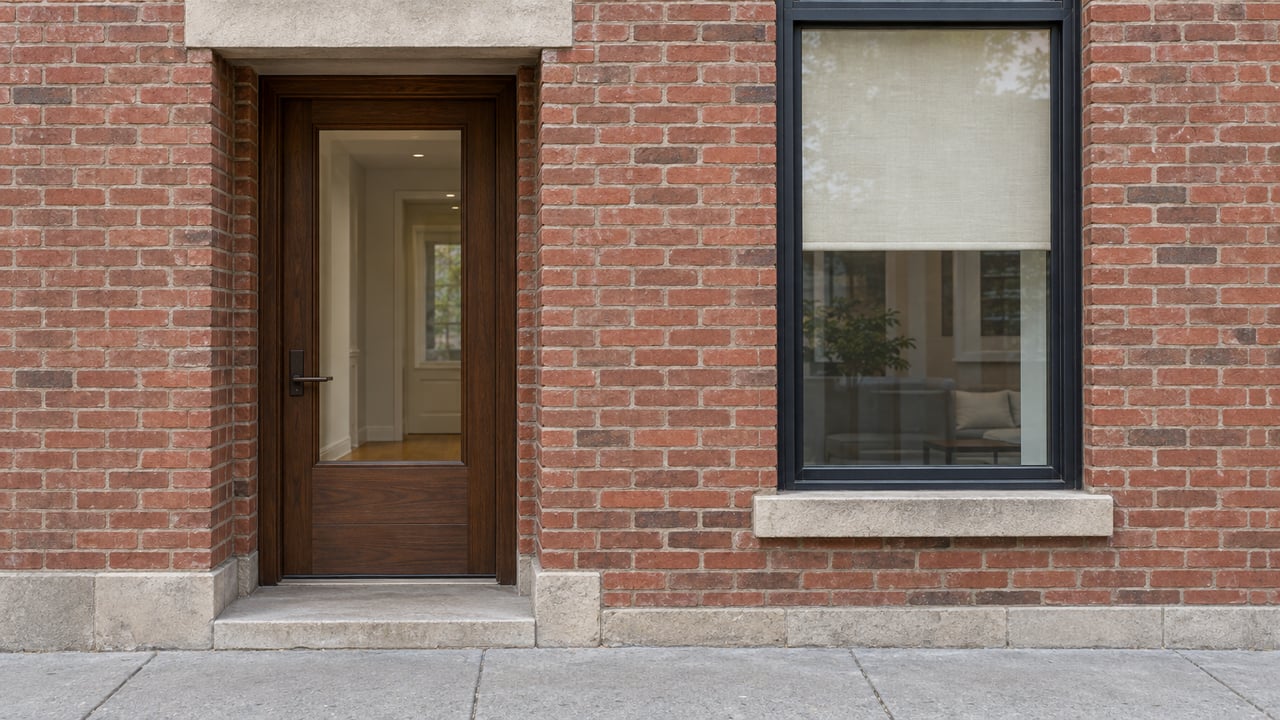 Red brick residential entrance with a glazed wood door, limestone trim and a tall black-framed window beside a clean concrete sidewalk.
