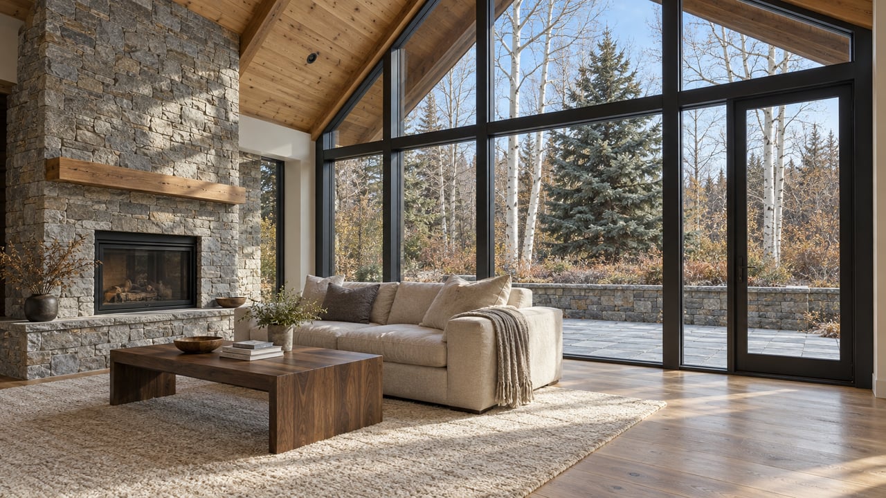 Quiet living room with a pitched oak ceiling, stone fireplace, wool sofa, and black-framed glazing overlooking a stone terrace and bare aspens.