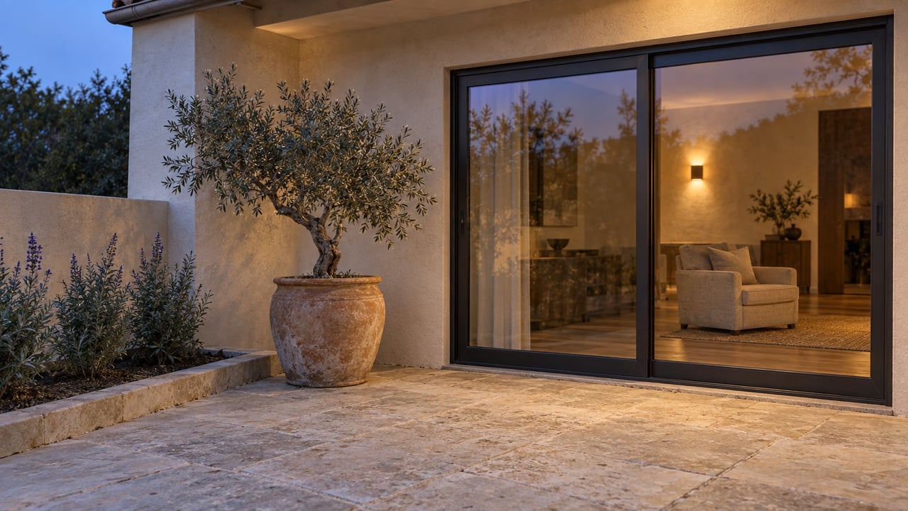 A cream-stucco home terrace at dusk, with limestone paving, a potted olive tree and warm light behind closed bronze-framed glass doors.