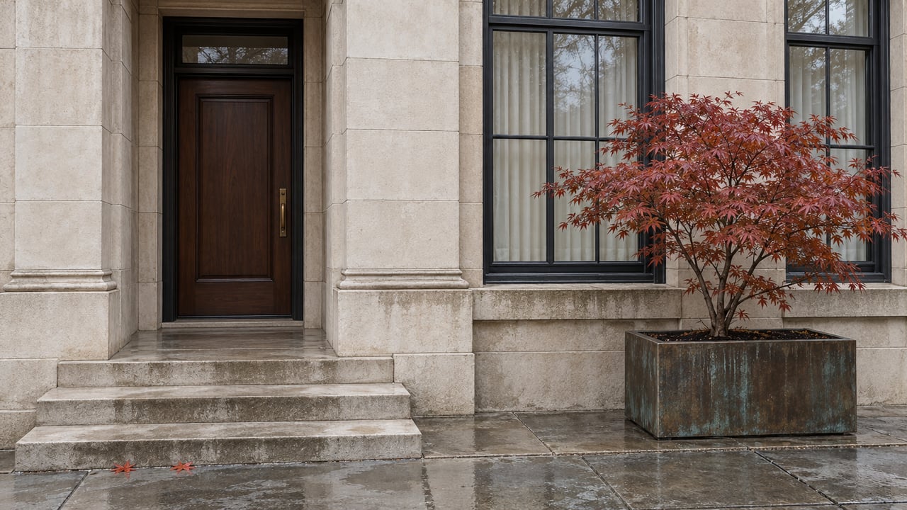 Rain-softened limestone townhouse entrance with a walnut door, tall divided windows and a copper-red maple in a bronze planter.