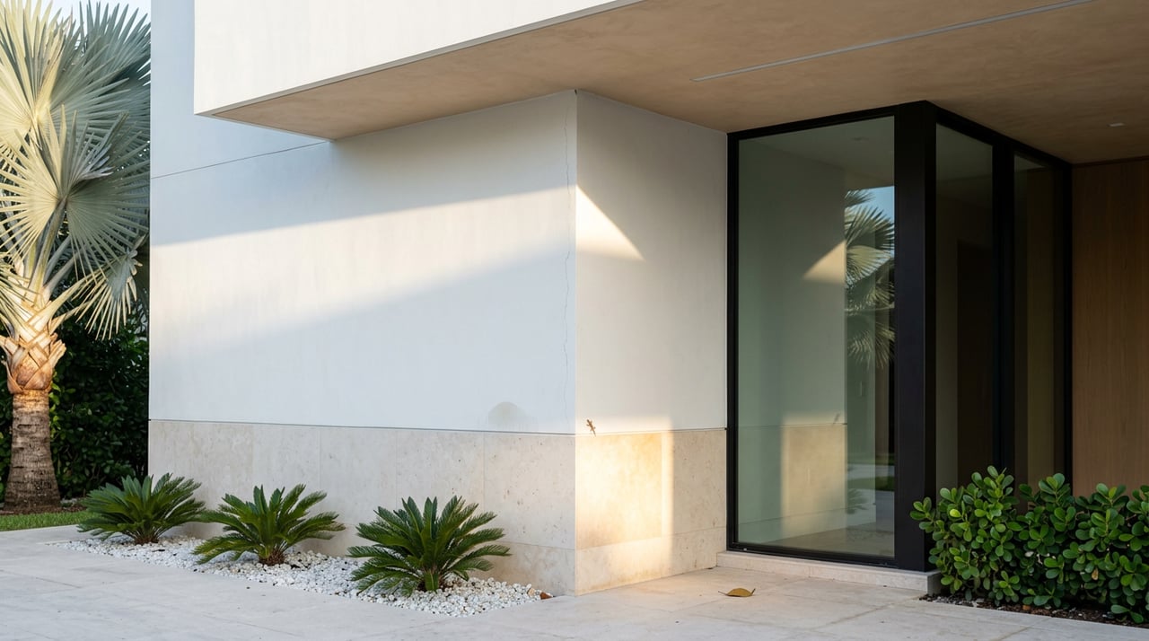 Contemporary home corner with white stucco, cream travertine, and a recessed black-framed loggia