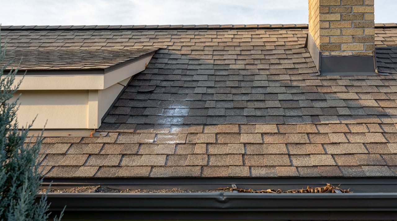 Weathered gray-brown shingle roof with a faded patch, small dormer, and brick chimney beneath the ridge.