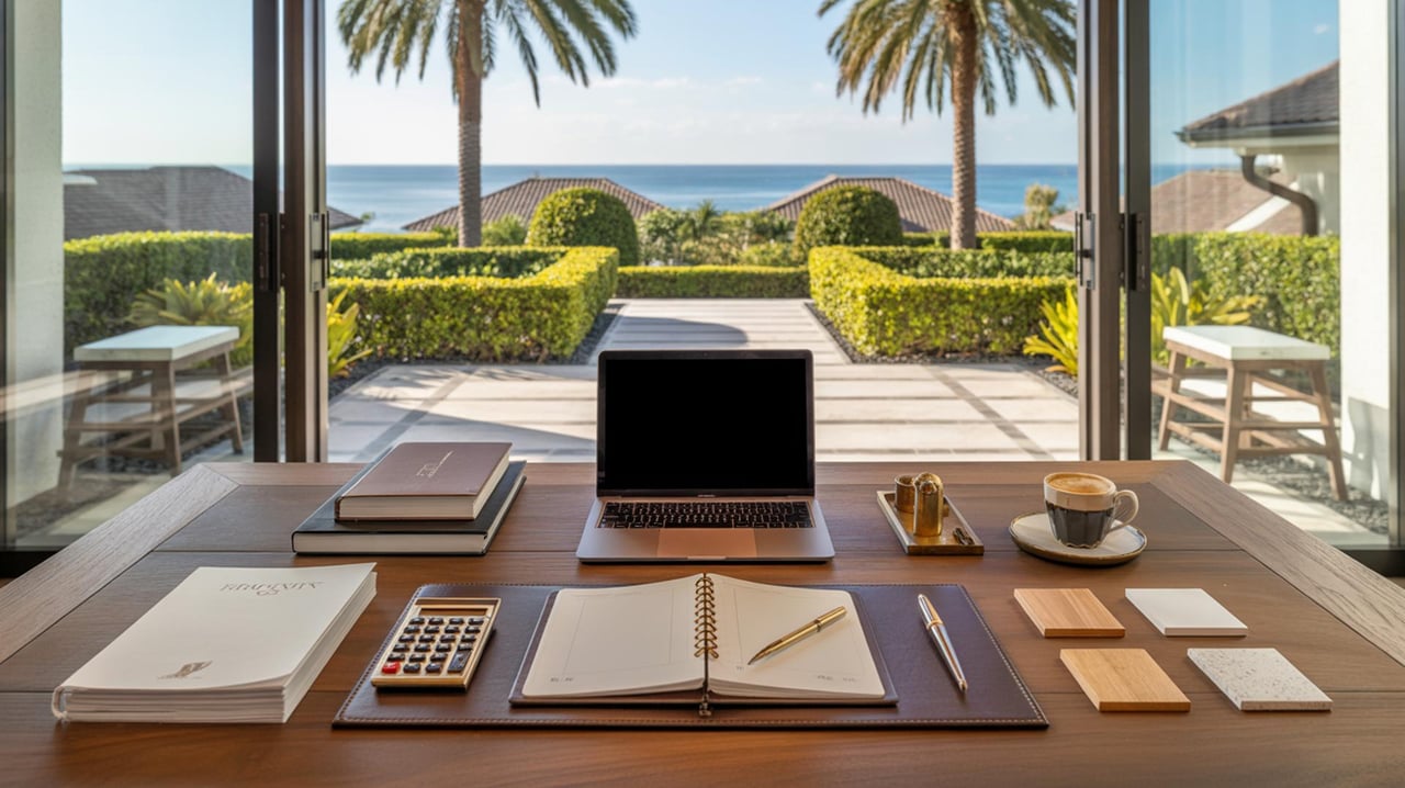Open laptop and notebooks on a desk facing a garden, palm trees, and the sea through glass doors.