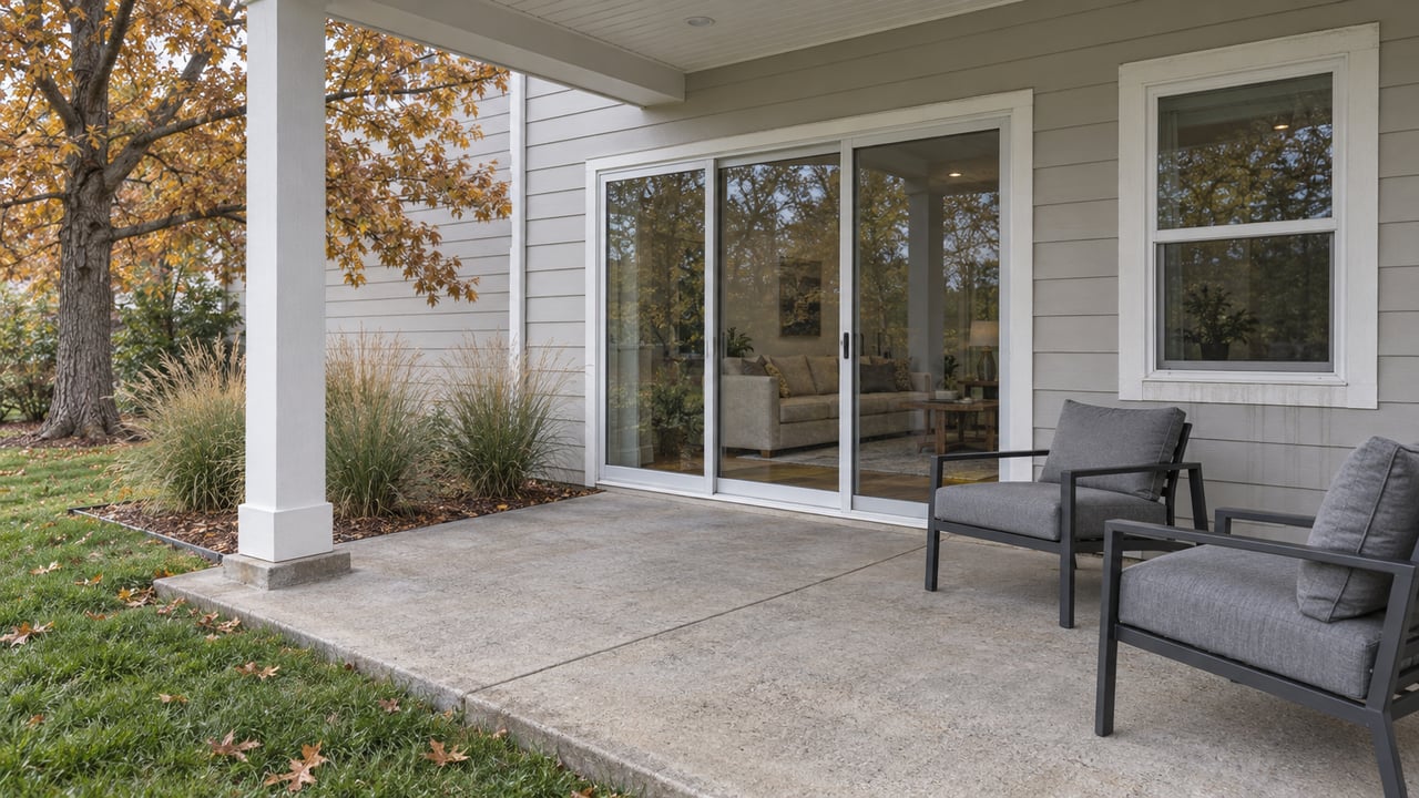 Covered patio of a pale-gray suburban home, with two charcoal lounge chairs, closed glass doors and autumn bur oak foliage beside the lawn.