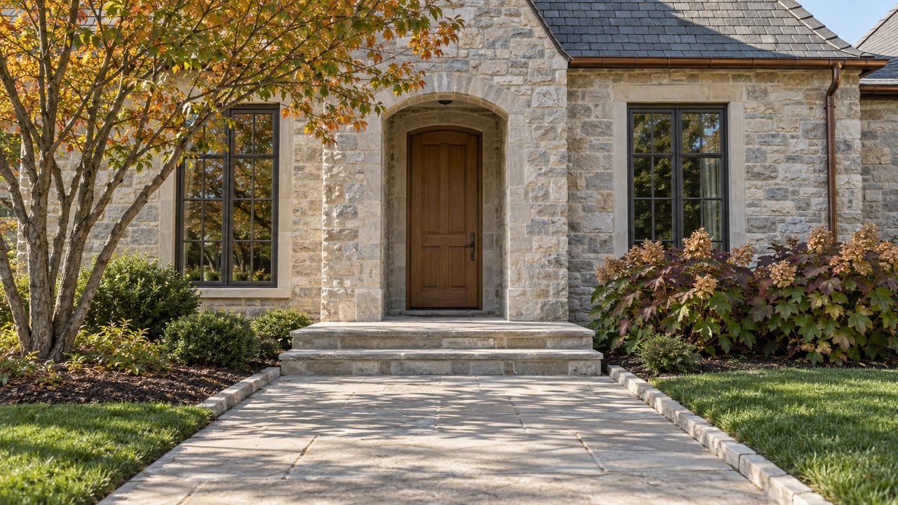 Stone house entrance with an oak door, paired windows, limestone steps and an autumn garden.