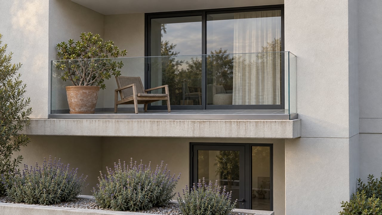 Close view of a pale stucco apartment facade with a glass balcony, closed sliding doors, a weathered teak chair and a potted jade plant.