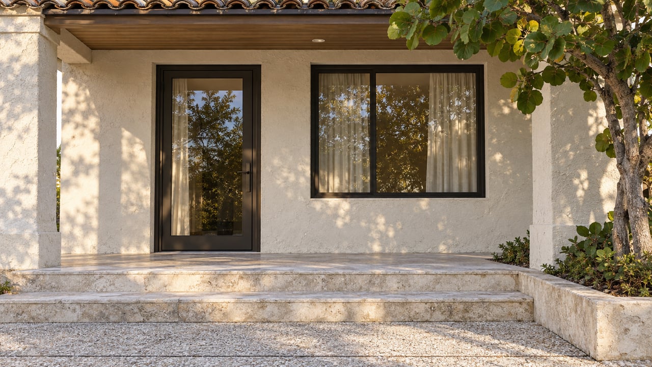 Home entrance with dark-framed glass door, broad stone steps, and leafy landscaping.