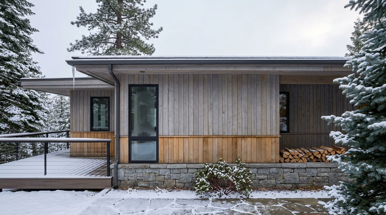 Mountain home with silvered cedar siding, granite foundation, and snow-dusted flagstone path beneath conifer boughs.