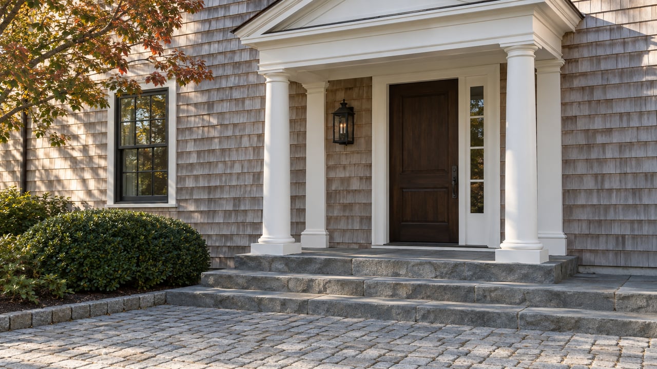 White pedimented portico frames a dark timber door, bluestone steps, and a paver court beneath cedar shingles.