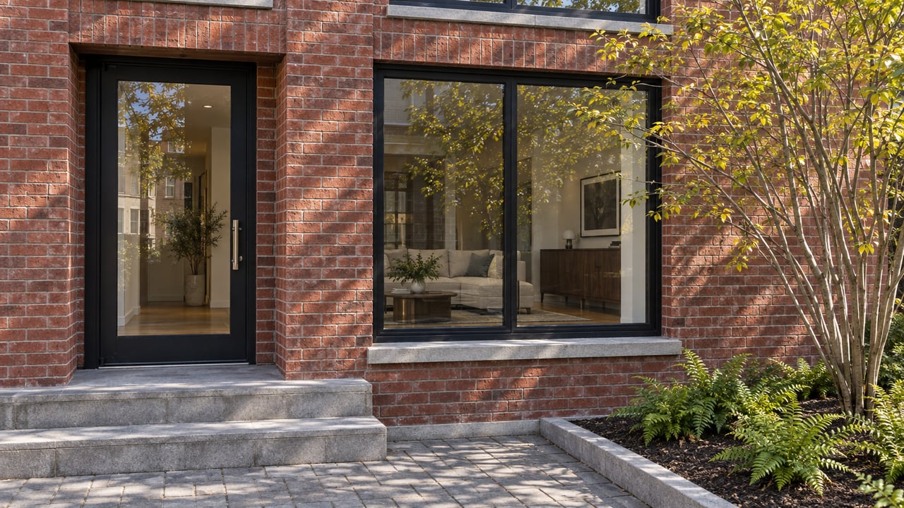 Red-brick condominium entrance with black-framed glazing, worn limestone steps and a serviceberry beside a small fern bed.