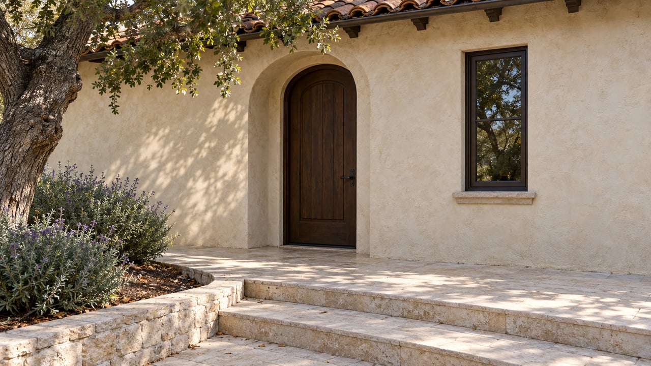 Stucco home entry with an arched oak door, bronze window, and limestone terrace steps.