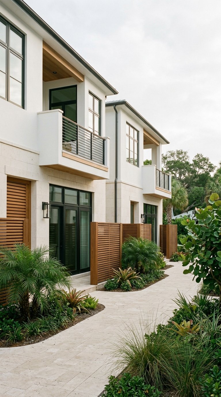 White stucco townhome entry with a blond wood slat screen, limestone steps, black-framed windows, and tropical plants.