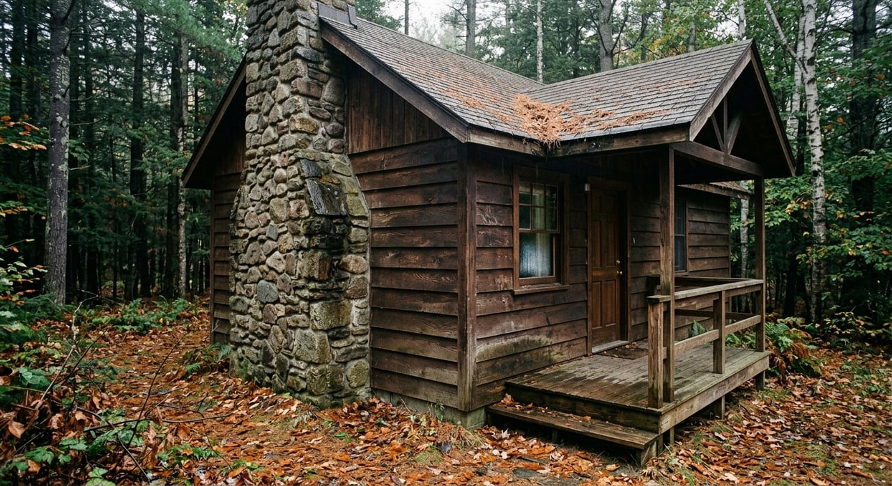 Wood-sided chalet corner with a fieldstone chimney, wet gravel, deck railing, and forest shrubs.