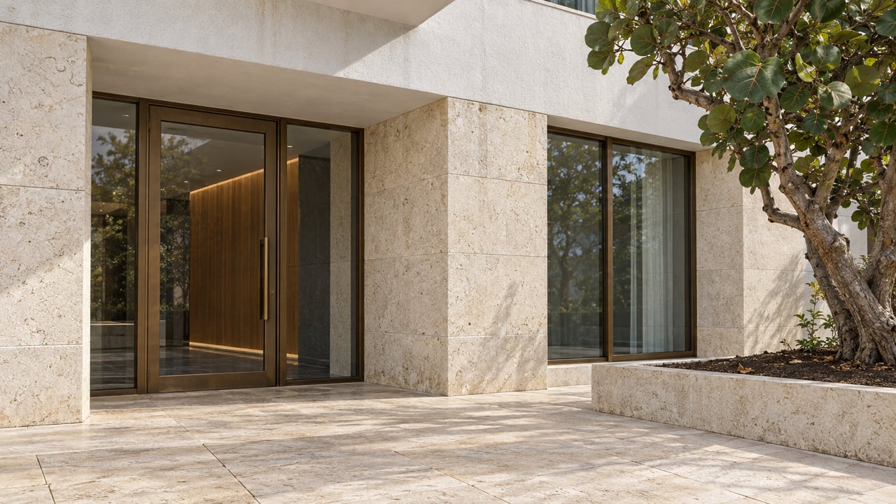 Close view of a limestone and white stucco residential entrance, bronze-framed glass and a sea grape tree beside pale stone paving.