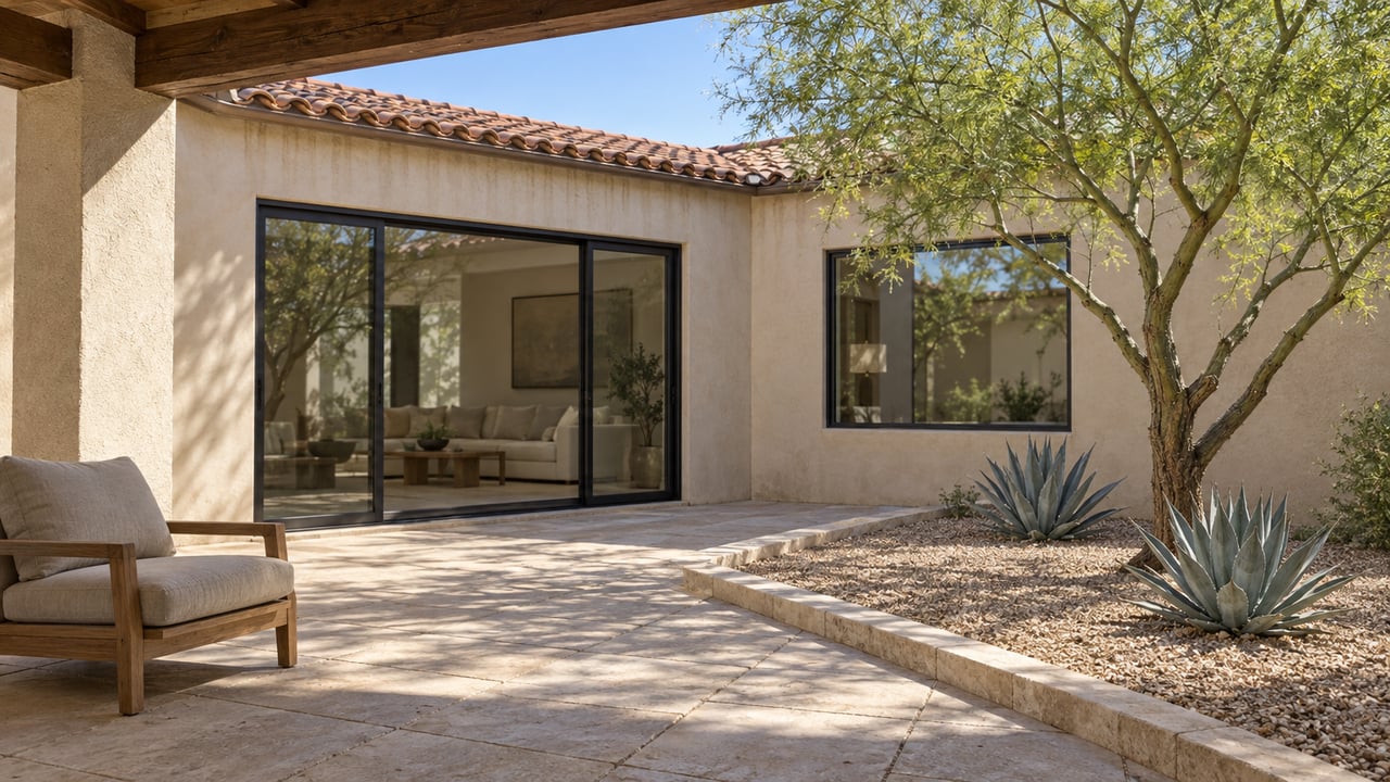 Shaded limestone patio beside a sunlit stucco courtyard, with a teak chair, blue palo verde tree and two sculptural agaves.