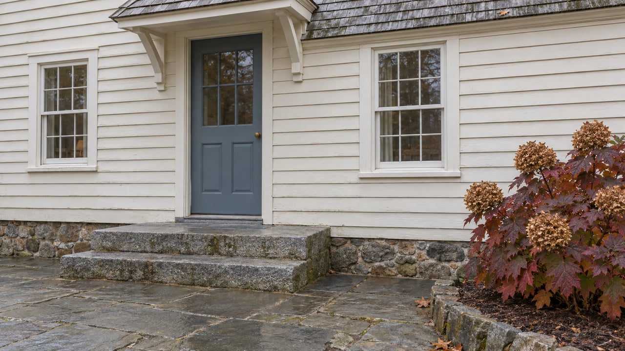 An older clapboard home's blue-gray side door and paired windows above worn granite steps and a bluestone terrace, beside autumn oakleaf hydrangea.