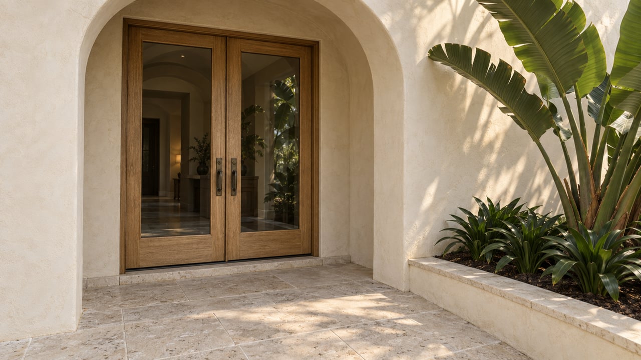Cream stucco arched entry with paired glazed oak doors, worn limestone paving and broad-leaved planting in a raised bed.