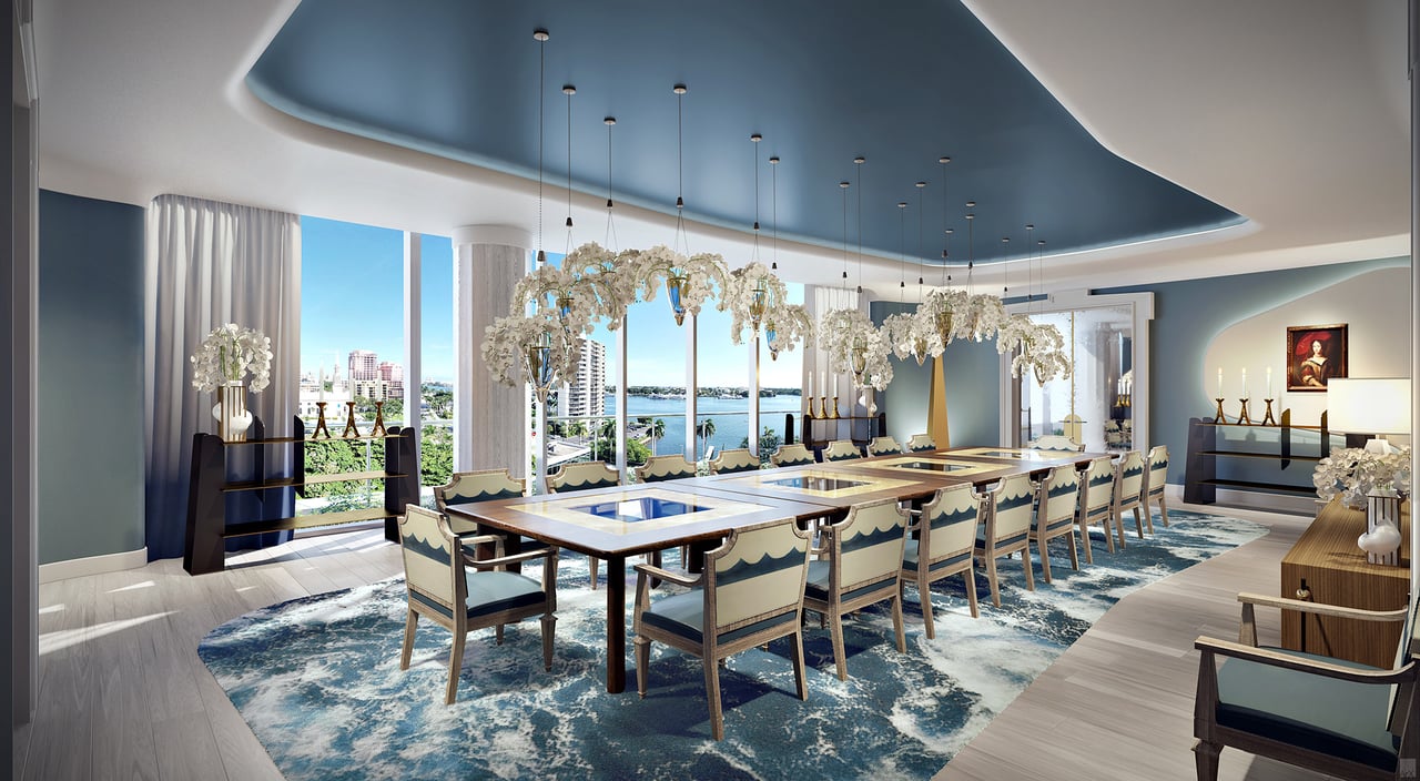 Rendering of the Forté on Flagler private dining room with a long dining table and a blue recessed ceiling.