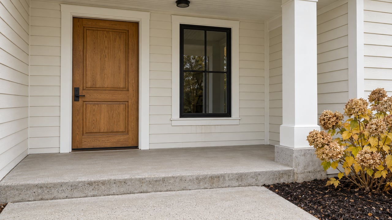 Covered home entry with a honey-toned wood door, cream siding, black-framed window and autumn hydrangea beside a concrete walk.