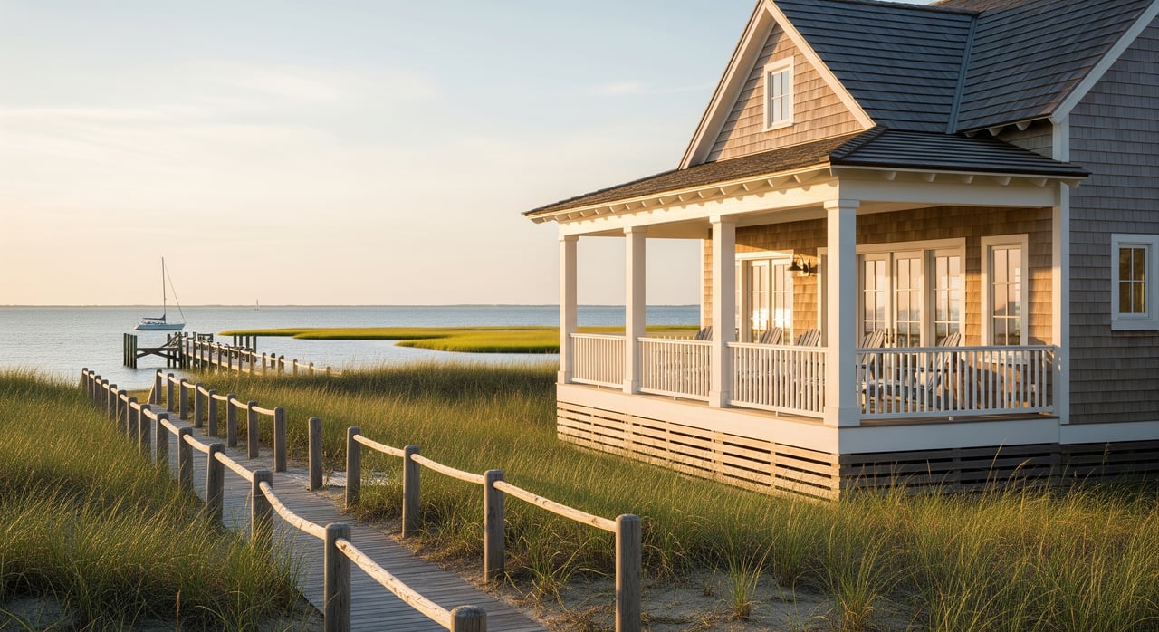 Gray seaside cottage with a lit wraparound porch beside a marsh boardwalk and sailboat.