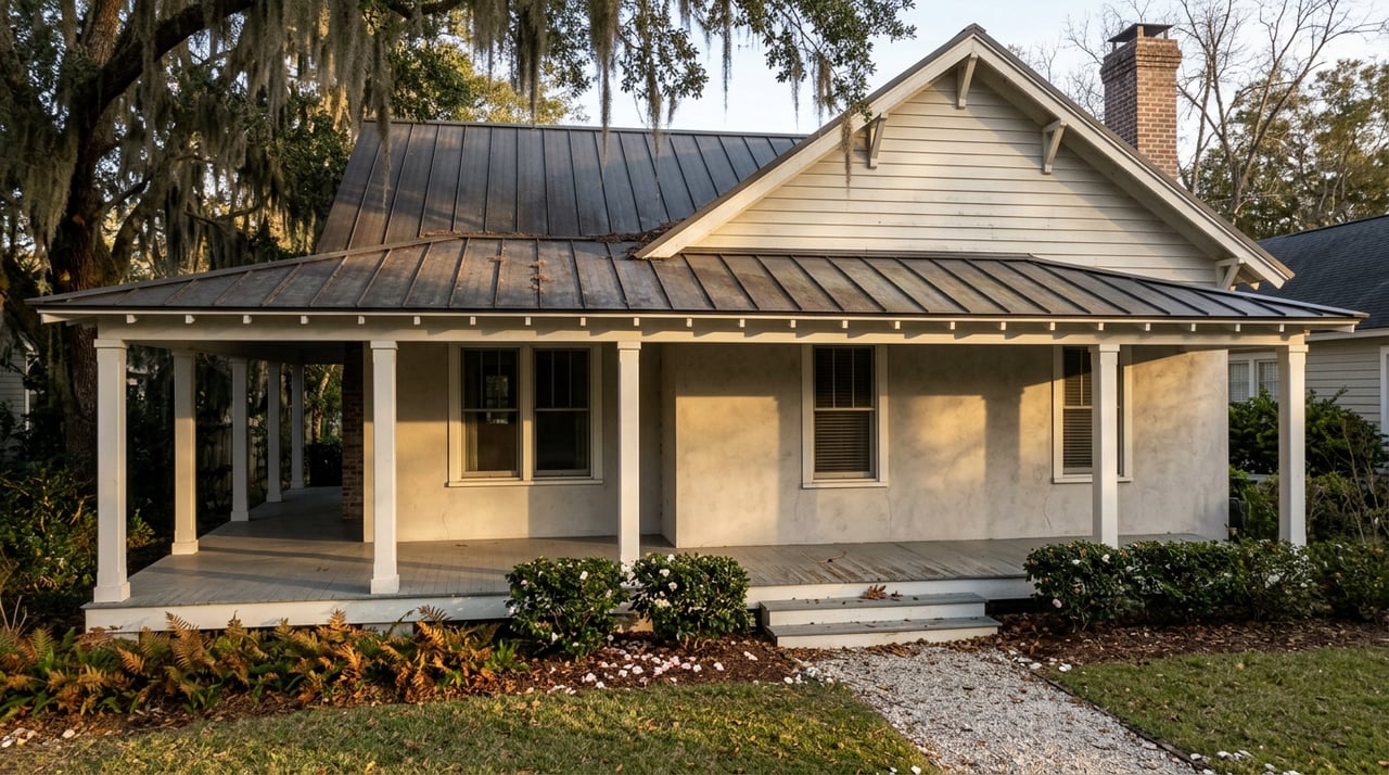 Single-story stucco cottage with a covered porch, weathered metal roof, brick chimney, and moss-draped live oak.