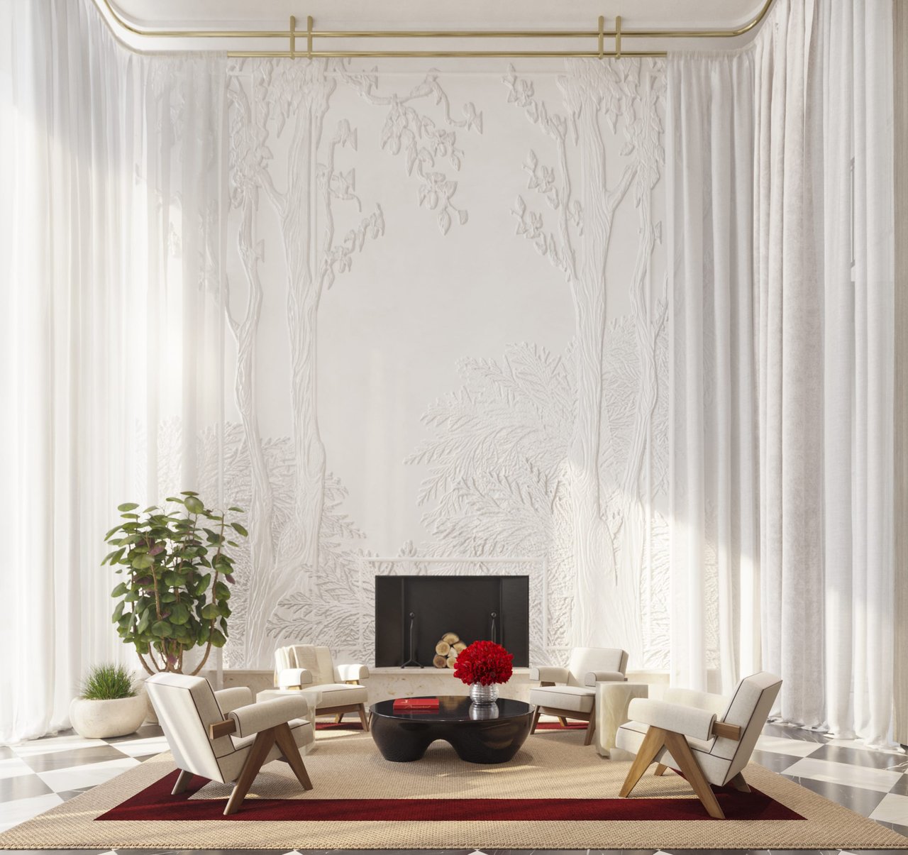 Baccarat living room with cream lounge chairs, a black coffee table, fireplace, and ornate white relief wall.