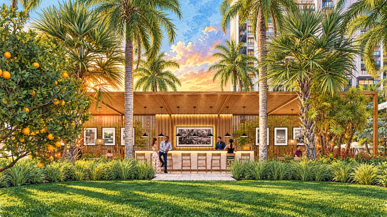 Outdoor bar and lounge framed by palms and lush landscaping at Waldorf Astoria Residences Sarasota.