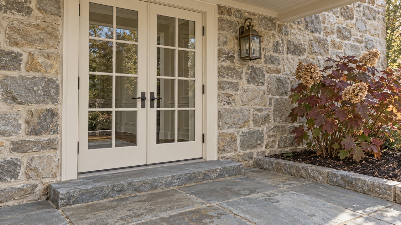 Closed cream-painted French doors in a weathered fieldstone wall above a bluestone terrace, beside burgundy oakleaf hydrangea foliage.