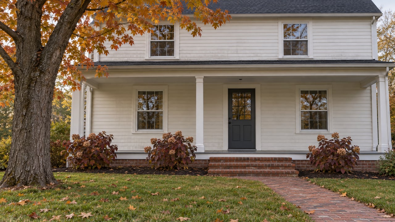 White clapboard home with a brick approach, raised covered porch, and autumn maple leaves across the front lawn.