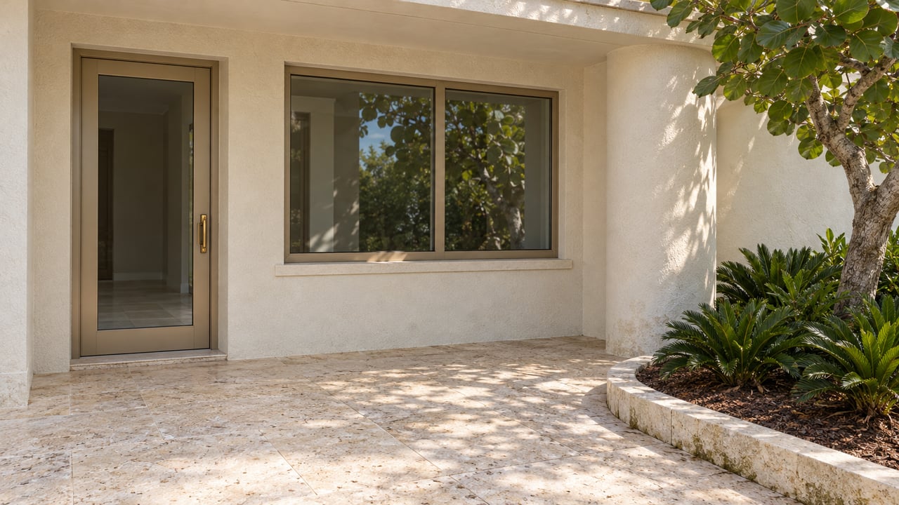 Sunlit ivory stucco entry terrace with a glazed door, pale shell-stone paving and a sculptural sea grape tree beside a raised planting bed.