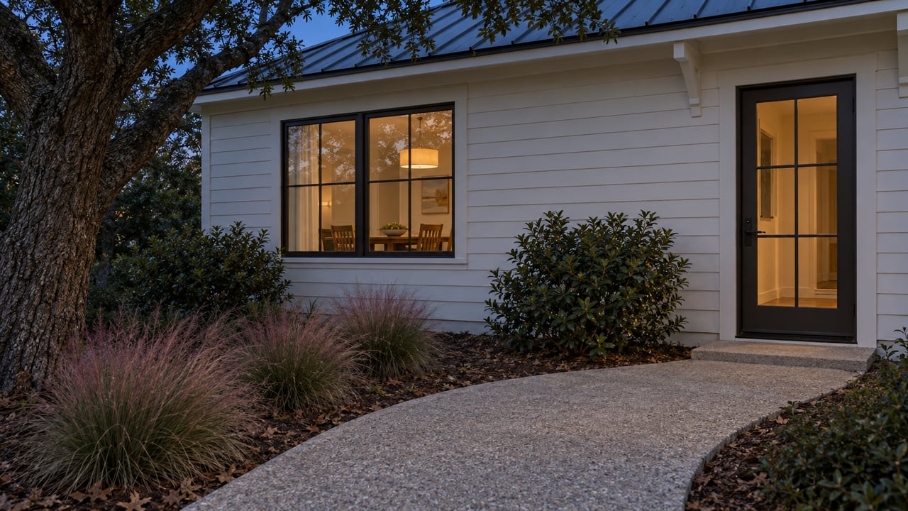 Warm-white clapboard house with a lit dining-room window and side door beside a curved garden path at dusk.