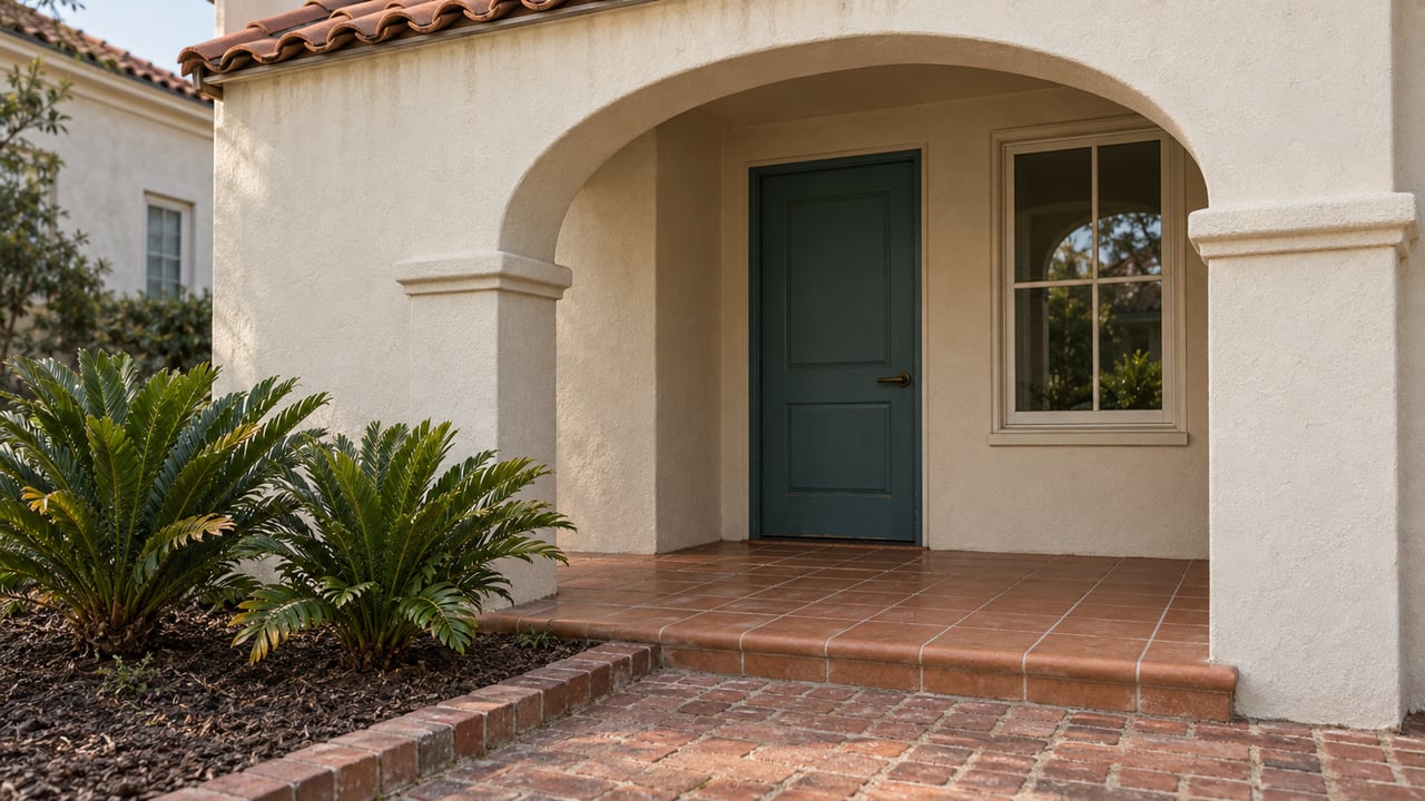 Cream stucco arched porch with a teal front door, terracotta tiles, worn brick approach and two coontie plants.