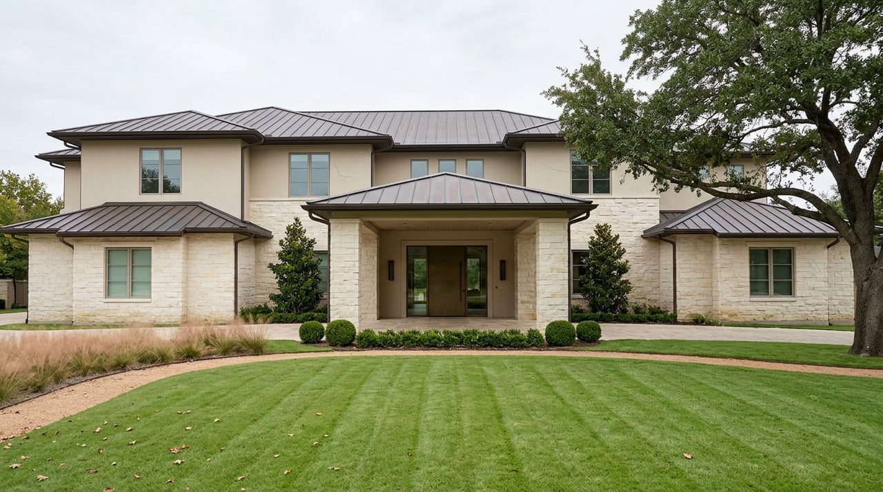 Large estate home with cream limestone and beige stucco facade, bronze metal roof, and broad lawn beneath a live oak.