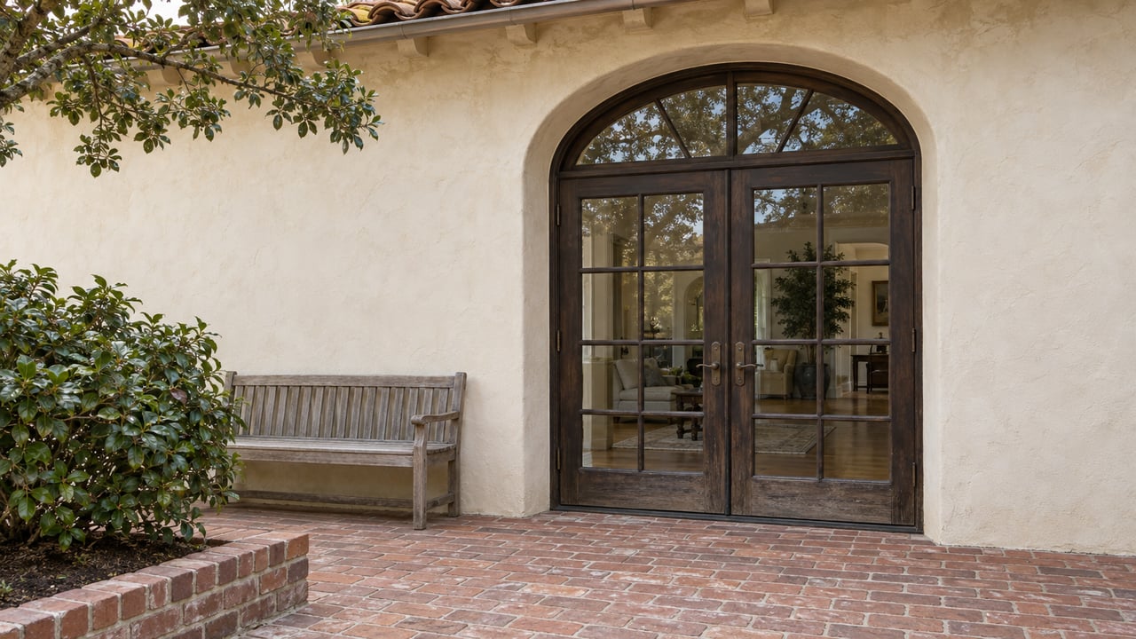 An arched pair of dark wood glass doors in an ivory stucco home opens onto an aged brick garden terrace with a teak bench and camellia.