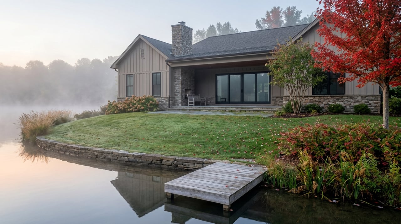 Waterfront home with a covered stone patio, dock, misty inlet, and red autumn foliage.